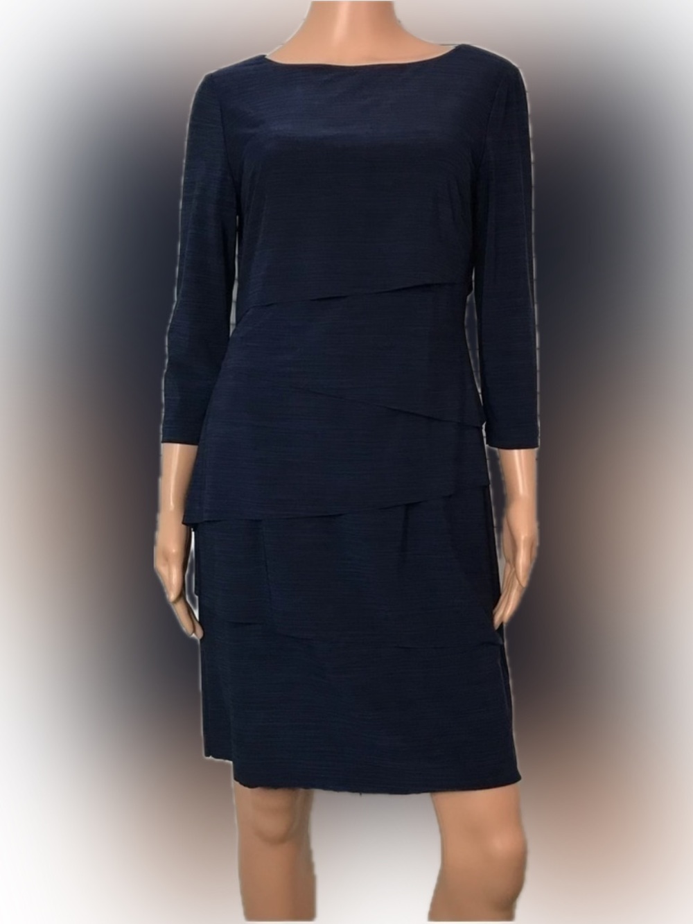 Tahari Arthur S Levine Navy Tiered Sheath Dress 3/4 Sleeve Size 8